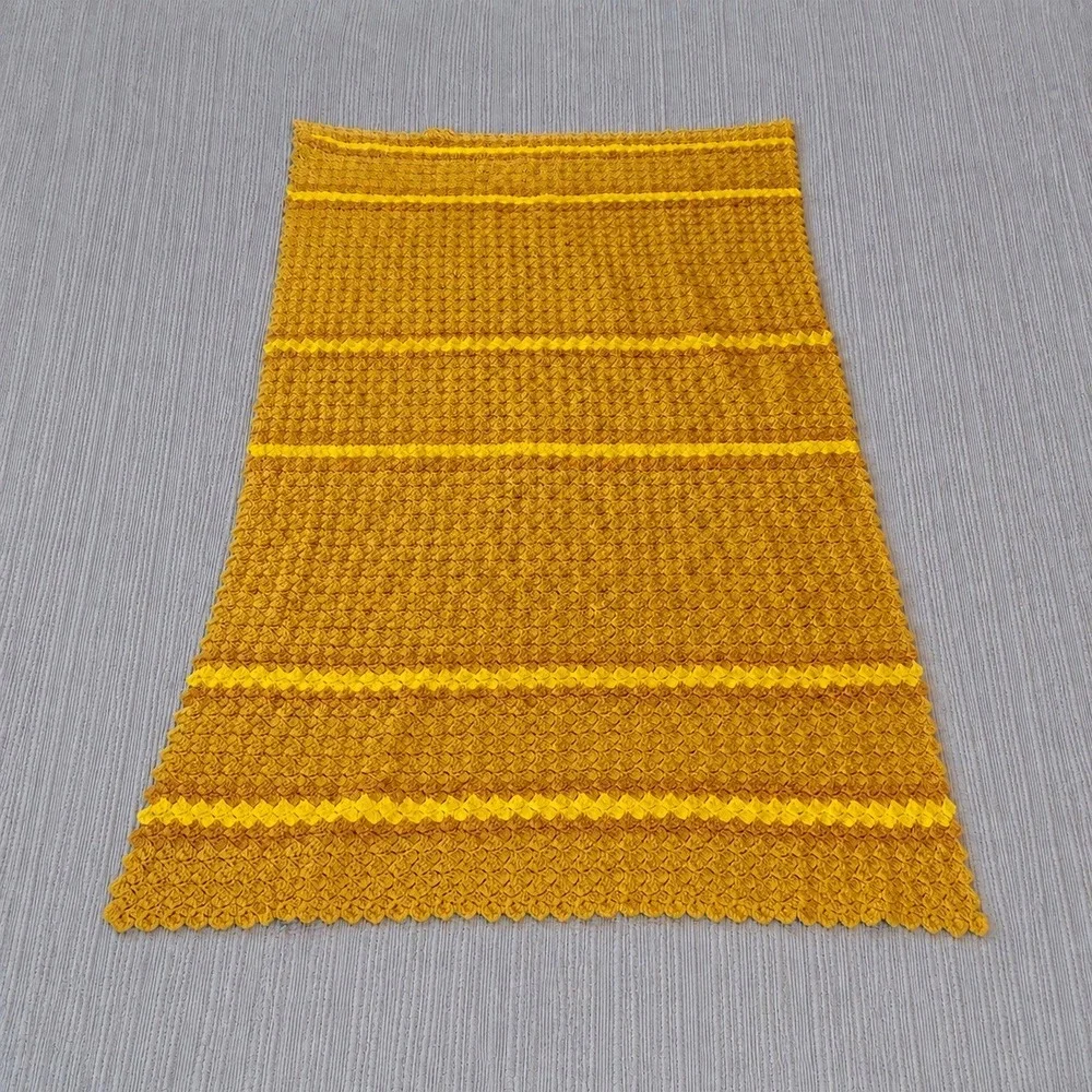 Vintage Handmade Crochet Lap Blanket Retro 70s Burnt Orange Mustard Yellow Throw